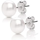 MABELLA 925 Sterling Silver AAA Genuine Freshwater Cultured Pearl White Button Stud Earrings Jewelry Gifts for Women