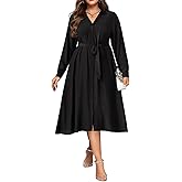 RITERA Plus Size Dresses for Curvy Women Long Sleeve Midi Casual Shirt Dress V Neck Button Down Work Dress with Pocket XL-5XL
