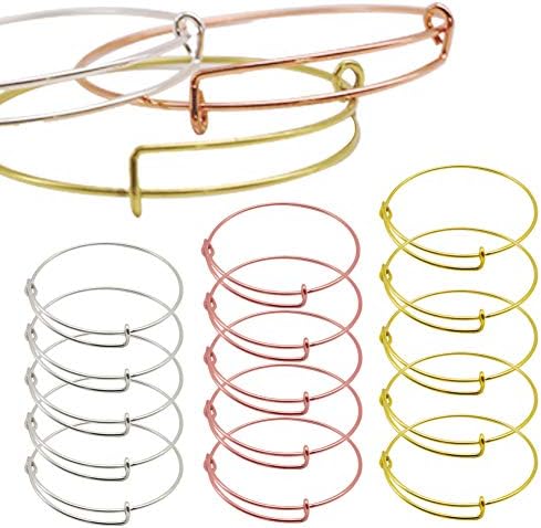 HAKACC 15PCS Expandable Bangle Bracelet, Adjustable Wire Bracelet Bulk Chain for Jewelry Making Christmas Gifts(Silver, Gold and Rose Gold)