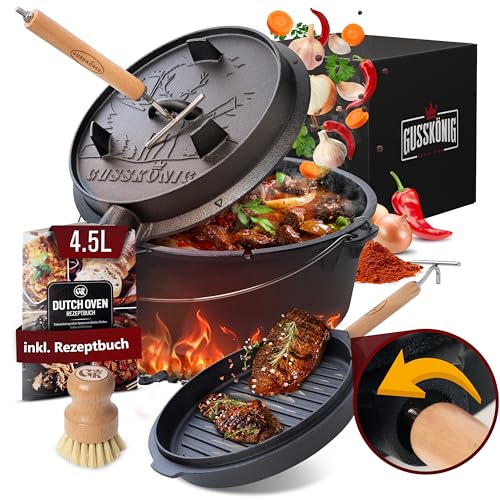 Gusskönig Dutch Oven Set - Eingebrannter Dutchoven 4,5 Liter - Feuertopf Gusseisen Mit Füßen - Schmortopf Doppelfunktion - Inkl. 2In1 Deckelheber, Bürste &Amp; Dutch Oven Rezeptbuch [Für 2-4 Personen]