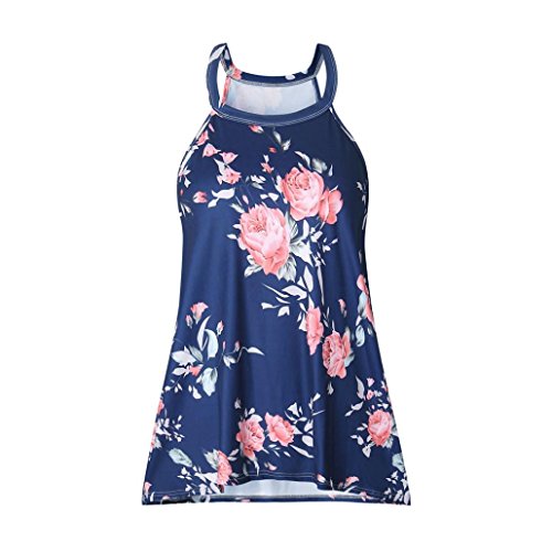 Gyouandme Summer Print Shirt Blouse Crew Neck Sleeveless Flowy Tank Tops (M, Blue)