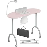 TABU Portable &amp; Foldable Manicure Nail Table, Pink | Nail Desk with Dust Collector Fan, LED Lamp, 4 Lockable Wheels and Carry Bag, Wrist Cushion