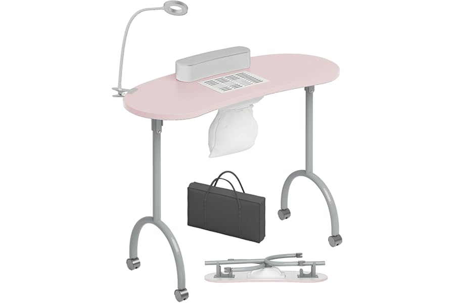 TABU Portable Manicure Nail Table, Foldable Manicure Table with Dust Collector Fan, LED Lamp, 4 Lockable Wheels and Carry Bag, Professional Nail Desk with Wrist Cushion (Pink)