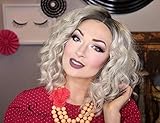 Cosswigs Ombre Platinum Blonde Wig Realistic Looking Soft Curly Wavy Bob Synthetic Lace Front Wigs Glueless Dark Roots Heat Resistant Hair 14inches