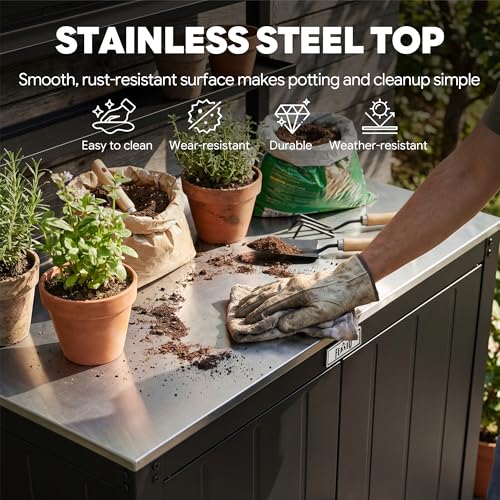 FEASTO Outdoor Potting Bench Table with Storage Cabinet, Stainless Steel Garden Workstation with Raised-Edge Top, Adjustable Shelf & Removable Hutch, Potting Table for Patio, Black/Coffee | Stainless Steel Garden Workstation, Raised-Edge Top, Adjustable Shelf & Removable Hutch, Patio, Balcony & Outdoor Workspace