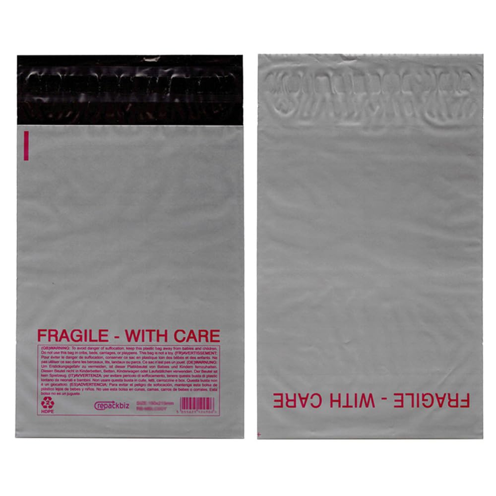 Heavy Duty Polythene Mailing Postal Mailer Bags Shipping Grey with Red Fragile(E2-220x265mm (8.66'' x 10.43''),100)