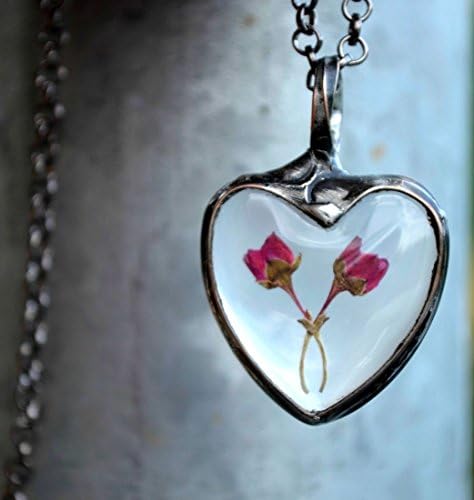 Two Heather Buds, Romantic Heart Necklace, Real Dry Pressed Heather Encased in Glass, Real Flowers, Dried Flower Necklace, Handmade Jewelry (2576)