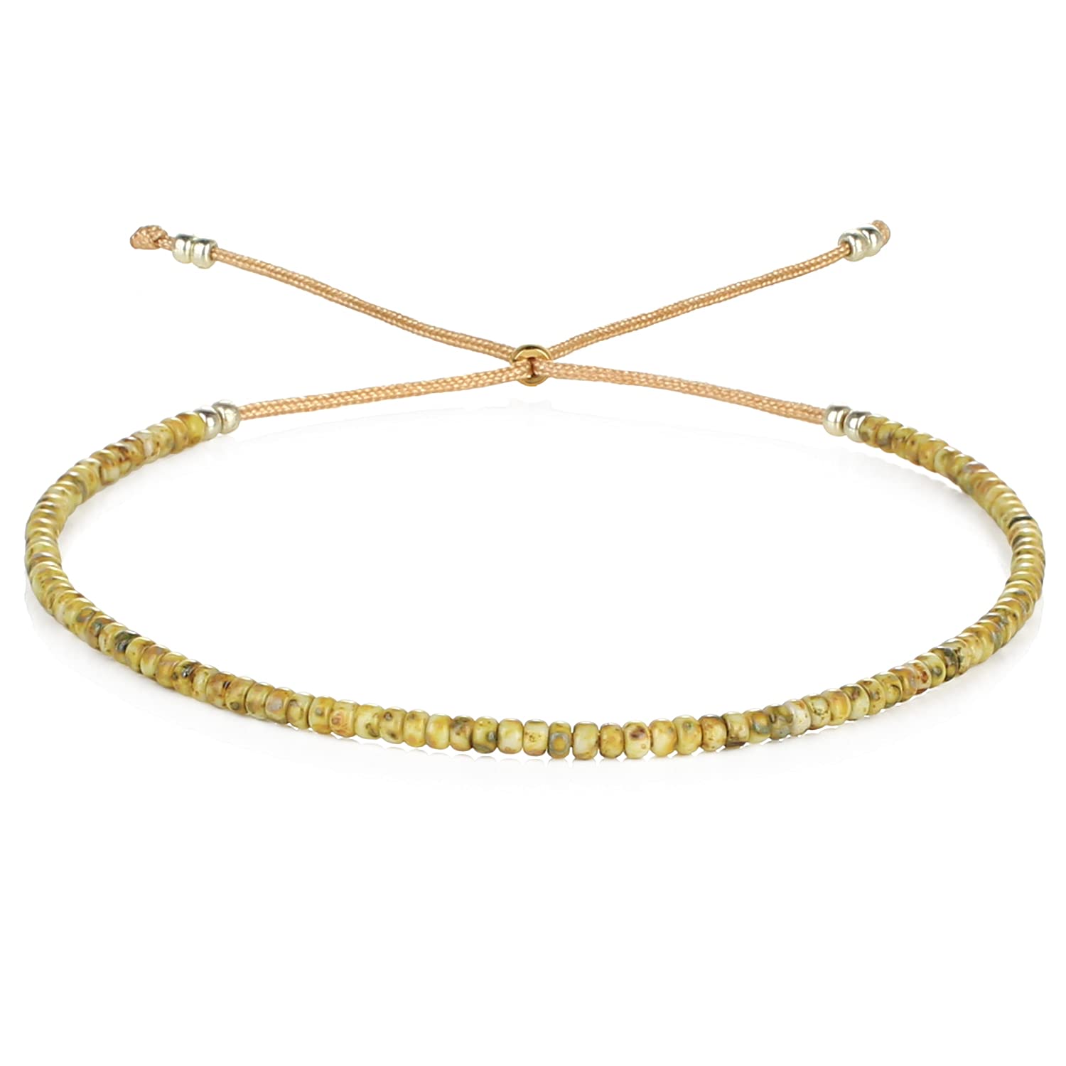 KELITCH Round Beaded Bracelet Handmade Colorful Strand Bracelet Braided Wristband for Women (Light Green Veins P)