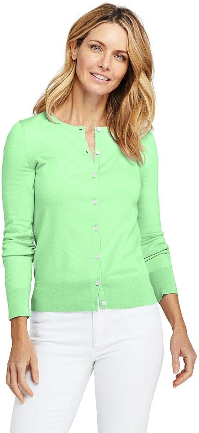 Lands' End Women's Petite Supima Cotton Cardigan Sweater, M, Green Ash Clothing