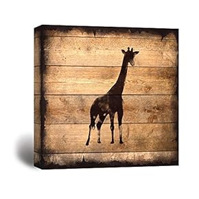 Square Canvas Wall Art - Giraffe Silhouette on Rustic Wood Board Texture Background - Giclee Print Gallery Wrap Modern Home Art Ready to Hang - 12x12 inches
