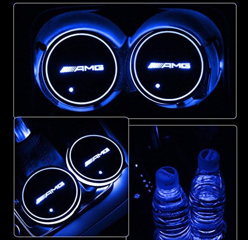 Alichee LED Car Logo Cup Holder Pad 7 Colors Changing USB Charging Mat LED Cup Mat Car Atmosphere Lamp Decoration Lights 2PCS for AMG Accessories