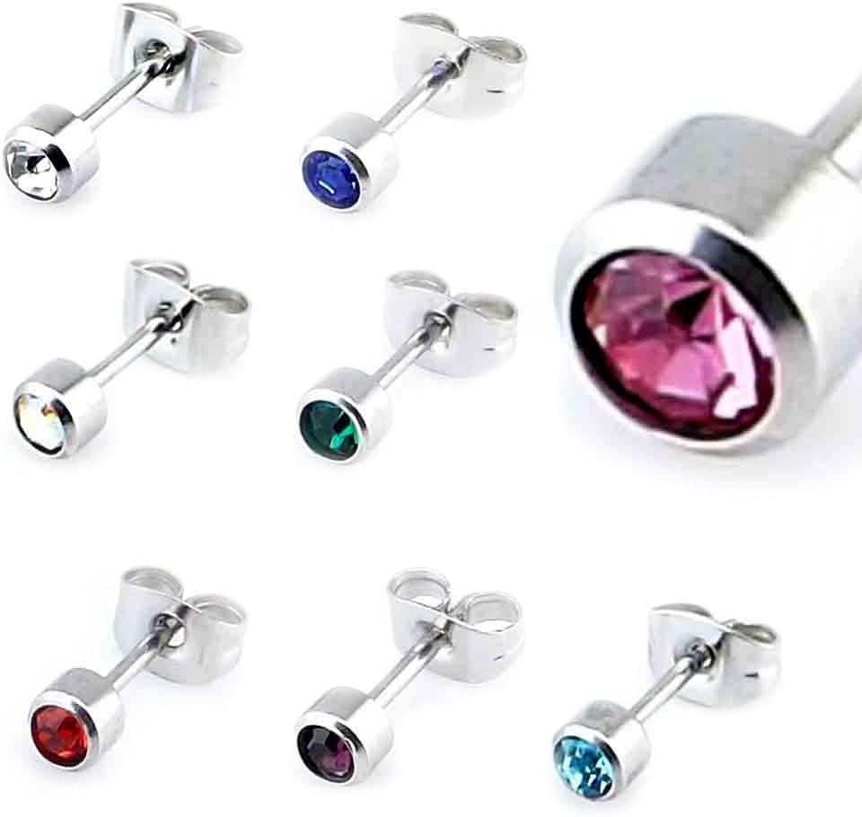 9 Pairs 316L Surgical Steel and Cubic Zirconia Stud Earrings Set Cartilage Helix Ear Piercing Barbell Studs 9 Colors, 22 Gauge
