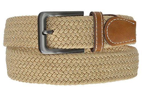 Tan Braided Elastic Stretch Belt With Metal Buckle and Leather tipped end by Marshal