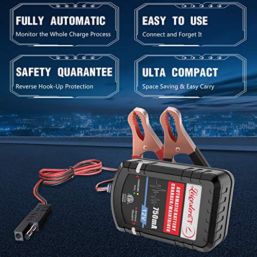 LEICESTERCN Automatic Trickle Battery Charger Maintainer 12V 750mA Smart Float Charger for Car Motorcycle Lawn Mower Tractor Boat SlA ATV WET AGM GEL Cell Lead Acid Batteries