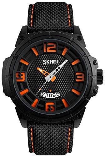 Men's Casual Watches with Calendar Date Window Leather Strap Waterproof Fashion Style IP Black Plating Quartz Wrist Watch (Orange)