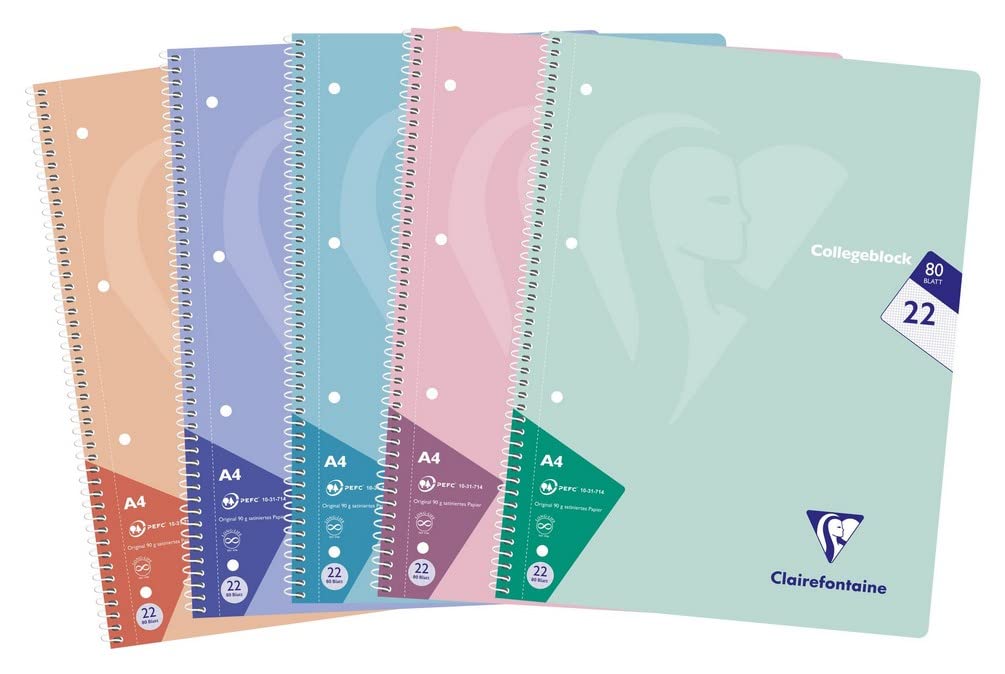 Clairefontaine 306252C - One Pack of 5 School Notebooks - Dimensions: DIN A4 21x29.7 cm, 160 Pages, 90g, Small Squares, Assorted Pastel Colours, 1 Pack