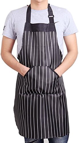Chef Bib Apron,Adjustable Durable Waterproof Apron with 2 Pockets Full Length 31"X27.6" Black and White Stripe for Unisex in Home kitchen BBQ