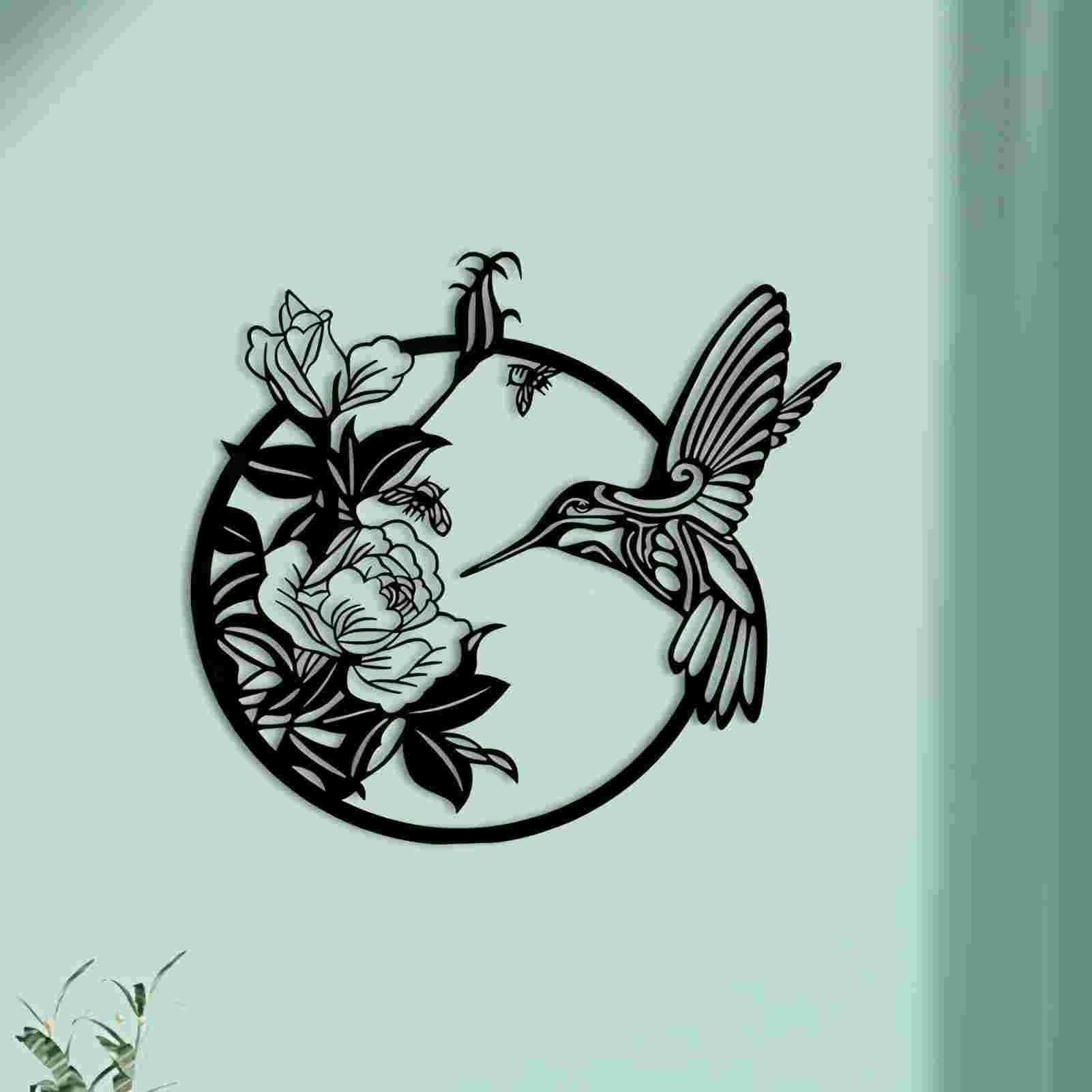 ruelen Round Metal Bird Wall Art Decor, Black Wall Decor, Hummingbird Wall Art Silhouette Hanging for Indoor Living Room Bedroom Office Corridor and Outdoor Garden Patio Fence Decoration (Bird Flower)