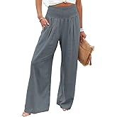 chouyatou Women's Smocked High Waisted Cotton Linen Wide Leg Pants Palazzo with Pockets