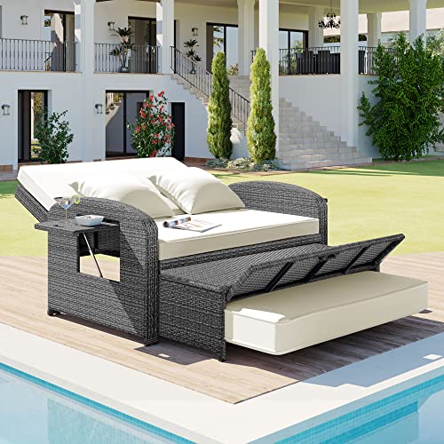 PRNDOLE Patio Sofa Outdoor PE Wicker Rattan Double Chaise Lounge,2