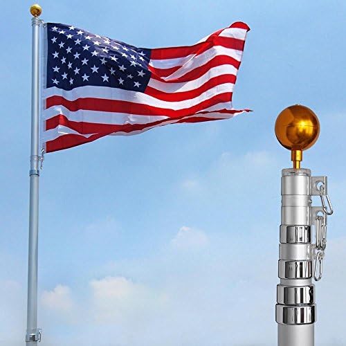 25ft Aluminum Telescoping Flagpole Flag Pole Kit 3'x5' US Flag Ball Fly 2 Flags Mount USA Flag Decorative Gold Colored Ball
