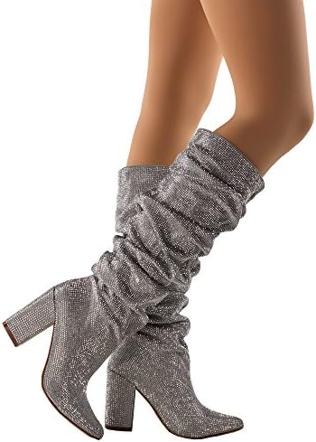 RF Shine Rhinestone Embellished Pointy Toe Slouchy Western Chunky Blocked Heel Pull On Knee High Boots Silver (9)