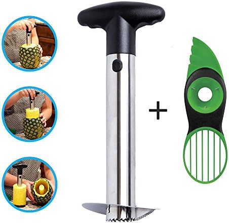 HONEYJOY Pineapple Corer Professional Slicer Stainless Steel Fast Peels Slice Fresh Fruit Tool with Non Slip Detachable Handle, Sharp Blades, Easy &amp; Fun, No Muss + Avocado Peeler Dishwasher Safe