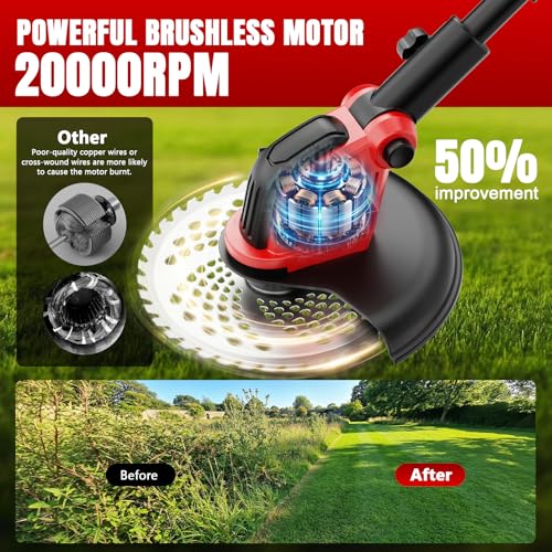 20000 RPM Electric Weed Wacker with Wheel,12″ Brushless Cordless Weed Eater Battery Powered, 4-in-1 Brush Cutter/String Trimmer/Grass Edger/Lawn Mower,Stringless Weed Trimmer 2 Battery (Red)