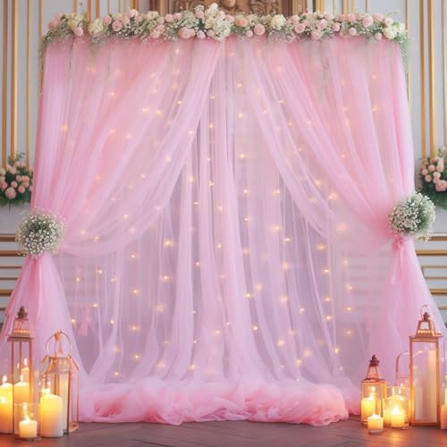 Pink Tulle Backdrop Curtain with Lights