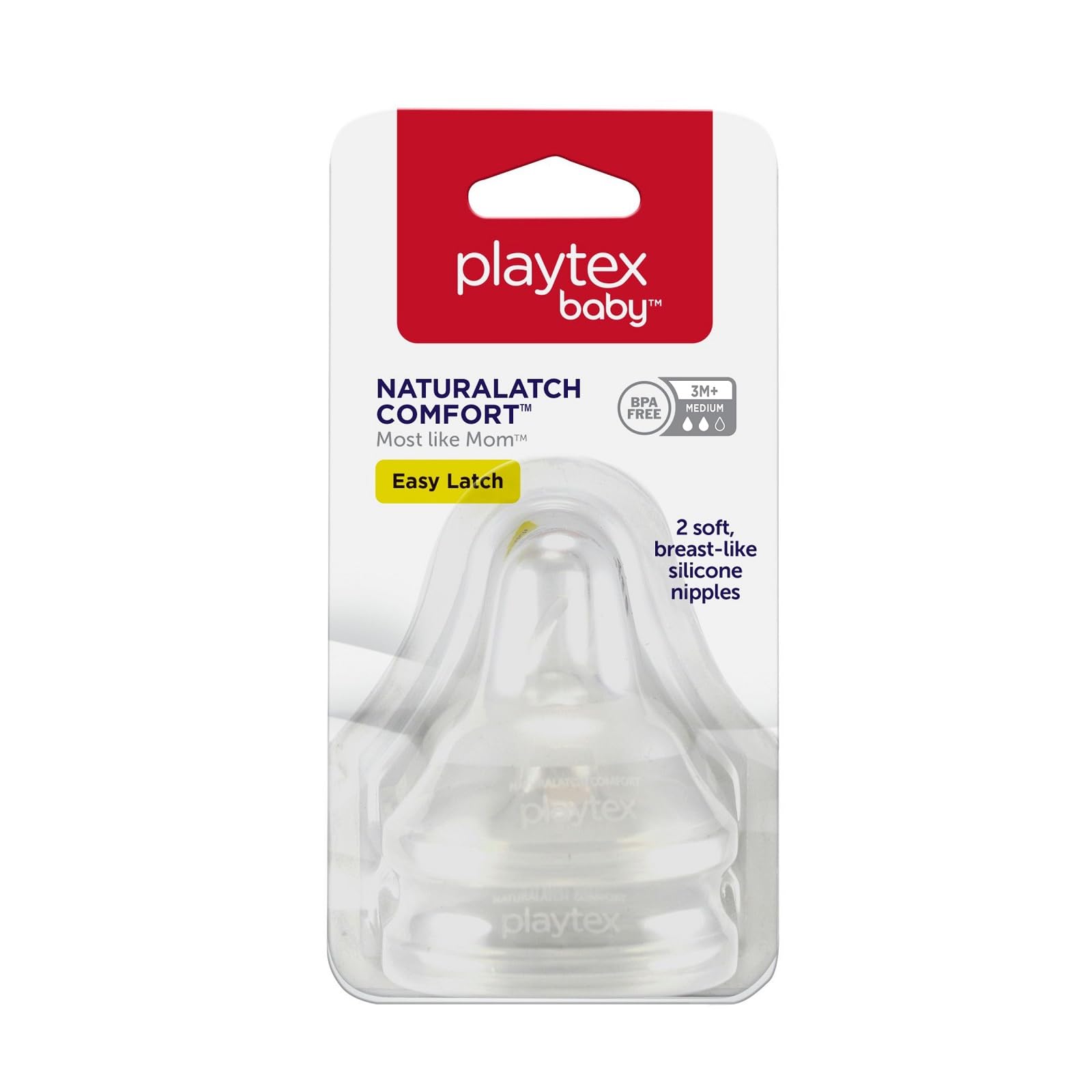 Playtex Baby NATURALATCH Comfort Wide Neck Nipples for Babies 3+ Months, Medium Flow (2 Count), Feeding Essentials for Newborn and Breastfeeding Babies