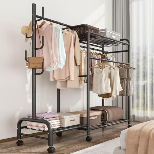 Clothes Hanger Stand with Shelves, Garment Rack, Free Standing Metal Clothing Hanging Rack, Single Rail, Wardrobe Top&Bottom Storage Shelf, Shoes Handbags Baskets, Bedroom Garment Organizer (A-Black)