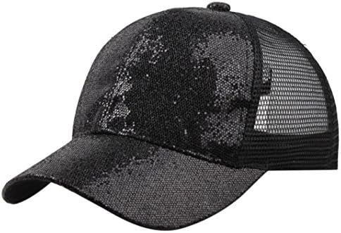 KFSO Women Man Ponytail Baseball Cap Sequins Shiny Messy Bun Snapback Hat Sun Caps (Black, L)
