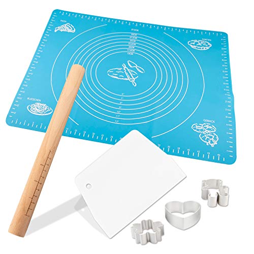 GALYGG Rolling Pin and Silicone Baking Pastry Mat Set, Dough Board with Measurements Reusable Non-Stick and Easy to Clean,Silicone of Highest Grade FDA Certified