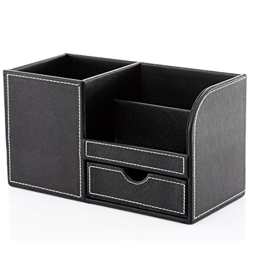 Zubita Multi-Functional Pencil Holder, Office Desk Organizer PU Leather and Wood Business Cards Holder and Pen Container Desk Supplies Organizer for Pens Pencils Mobile Phone and Cards ( Black ) - Thumbnail 5