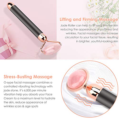 Jade Roller Facial Massager Set, OYRGCIK Vibrating Face Roller & Massager Under Eye Press for Face, Eyes and Neck, Natural Rose Quartz Beauty Facial Skin Care Tools Kit w/Bag Reduce Wrinkles Aging - Thumbnail 6