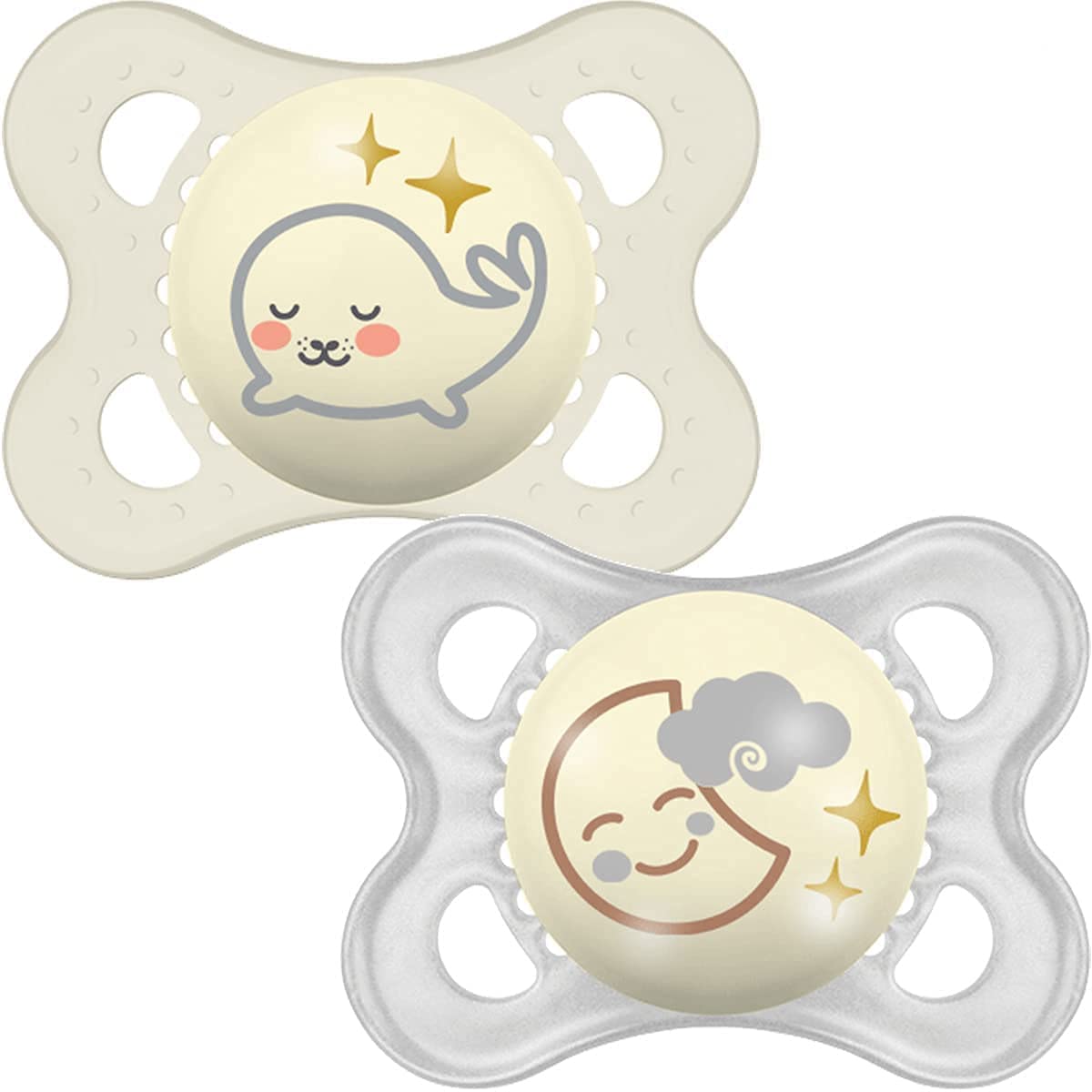 MAM Latex Night Soothers 0 Months+ (Pack of 2), Glow in the Dark Baby Soothers with Self Sterilising Travel Case, Newborn Essentials, Grey, (Designs May Vary)