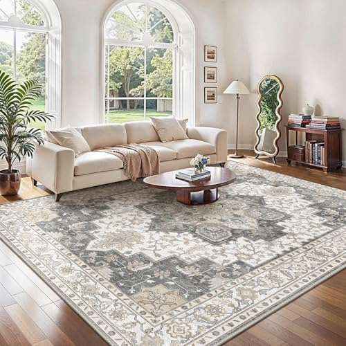 GENIMO Vintage Teppich Greige, Waschbar fürs Wohnzimmer, 240x300 cm