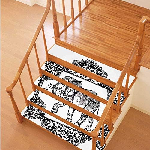 MOOCOM Elephants Decor Various Stair Sticker,Ornate Elephant Deity in Oriental Floral Frame Spiritual Illustration Boho Design Decorative for Stairs,5PCS/Set (39" Lx7 W)