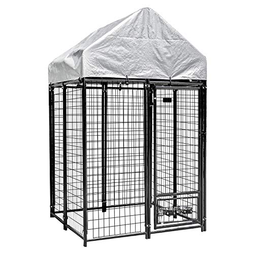 PUPZO Welded Wire Dog Kennel,Outdoor Heavy Duty Pet Cage with Waterproof Cover Automatic Lock
