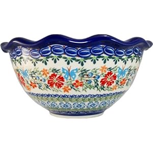 Polish Pottery Ceramika Boleslawiec Bowl Fala Cups, Small, Royal Blue Patterns with Red Cornflower and Blue Butterflies Motif, 5-3/4-Inch