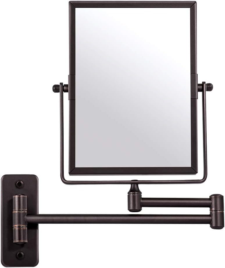 Qimh Wall Mounted Makeup Vanity Mirror, 8x6 Inch Rectangular 3X Magnifying with Extendable Arm, Bronze Double-Sided Swivel Mirror: Furniture & Decor