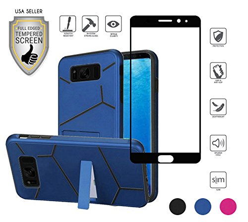 Samsung Galaxy S8 Cover Case, with Full Edged Tempered Glass Screen Protector, Heavy Duty Slim Hybrid with [kickstand] Shock Proof Dual layer Armor Defender Protective Case Cover (Blue/Black)
