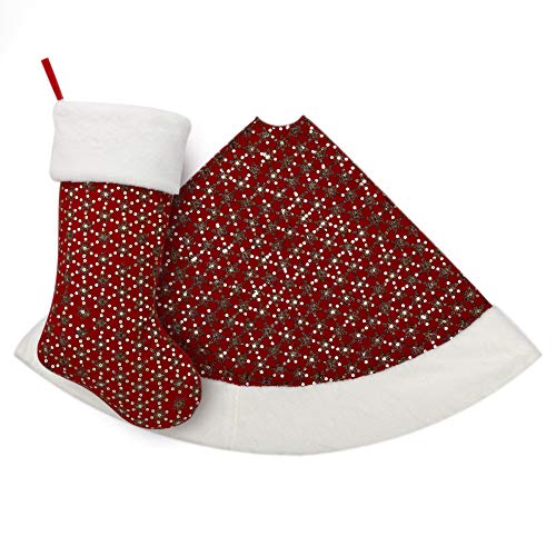 ExcMark 48 inch Red and Gold Christmas Tree Skirt with Faux Fur Border and Sequins