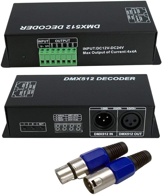 DMX 512 Digital Display Decoder, Dimming Driver DMX512 Controller for LED RGBW Tape Strip Light RJ45 Connection DC12-24V 20A (4 Channel with Display)