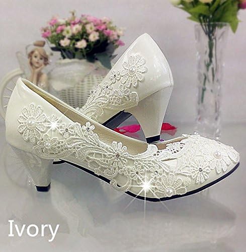 JINGXINSTORE 4 cm/1.5" Heel Lace Ivory Crystal Wedding Shoes Bridal Low Heel Pump Size 5.5-12