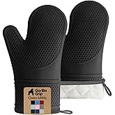 GORILLA GRIP Silicone Oven Mitts, 550F Heat Resistant, 12.5x8.3, Black | BPA-Free Cooking Waterproof Safety Gloves, Thick Cotton Lining, Flexible Gripping for Baking, Grilling, Kitchen Potholder Set