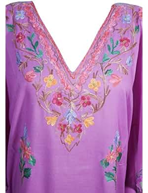 Mogul Womens Caftan Kashmiri Floral Embroidered Cotton Kaftan Maxi Dress (Pink 1)