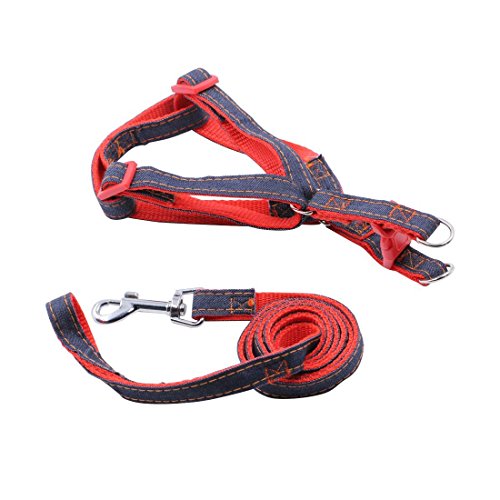 CUGLB No-Pull Dog Leash Harness Adjustable and Heavy Duty Denim Dog Training Walking Leash Collar for Large/Medium/Small Dog Cat (Red, M)