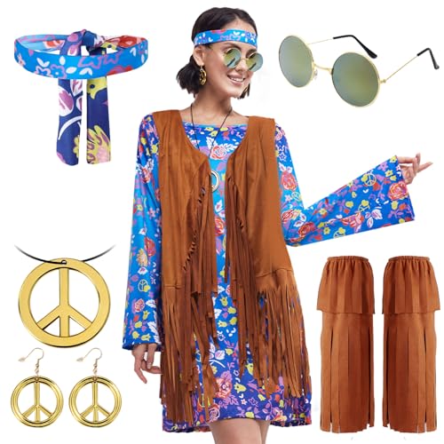 Photo 1 of PARTTELY 60s 70s Outfits for Women Hippie Costume Set Fringe Vest for Carnival Party Halloween Women Disco Dress for Girls