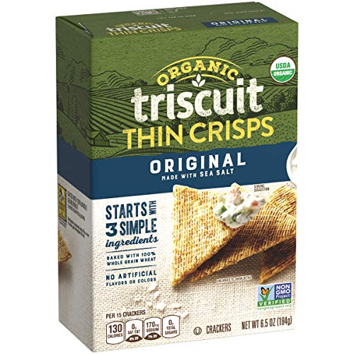 TRISCUIT ORGANIC ORIGINAL WHOLE GRAIN WHEAT CRACKERS, ORGANIC CRACKERS, VEGAN SNACKS, LUNCH SNACKS, 6.5 OZ